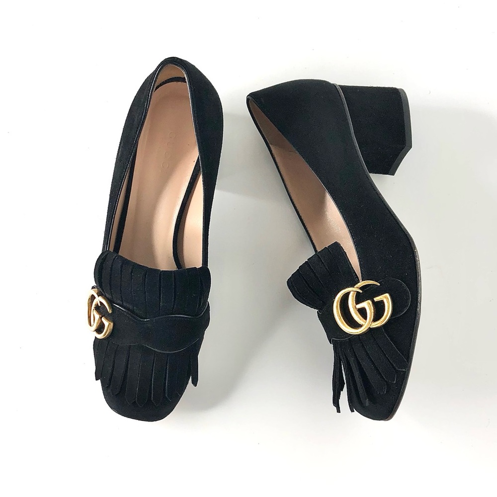 Gucci GG Marmont Kid Scamosciato Suede Fringe Block Heel Loafers Pumps